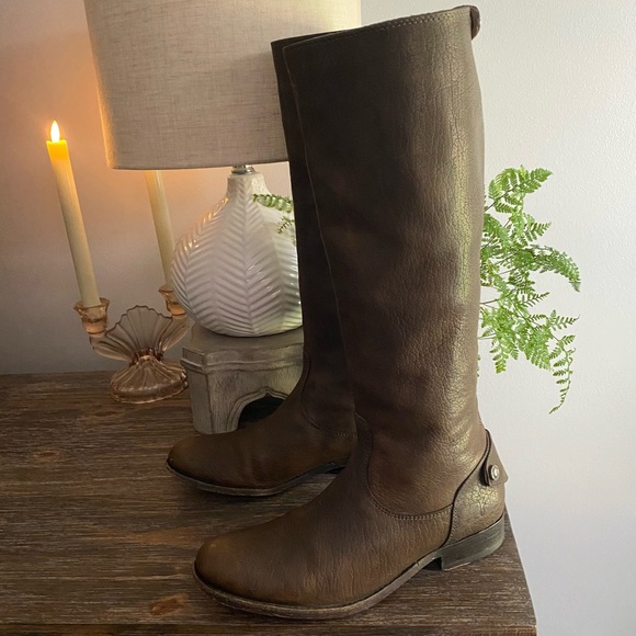 Frye Melissa Back Zip Button Leather Tall Riding Boot Round Toe Women 8B Brown - Picture 4 of 10